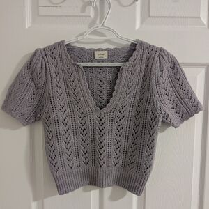Wilfred Aritzia Lavender Alpaga Pointelle Knit V-Neck Puff Sleeve Crop Sweater M